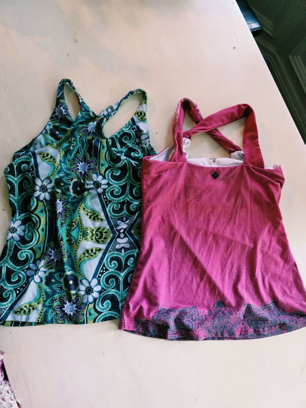 Two tops by prAna Crossback Built-in Tank Bra Pink and Green M - Picture 2 of 13